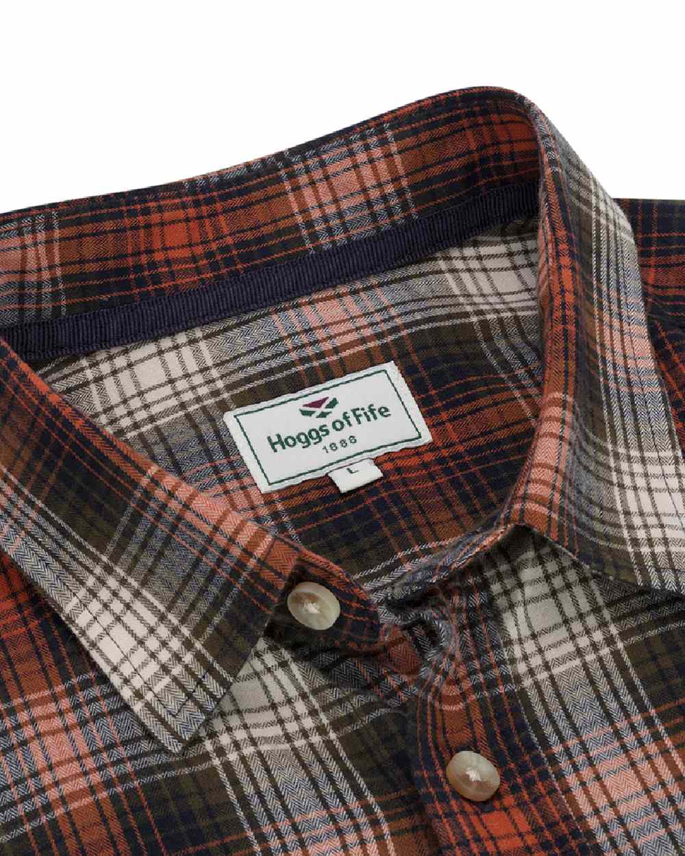 Rust Olive Navy coloured Hoggs of Fife Tiree Herringbone Check Shirt on white background