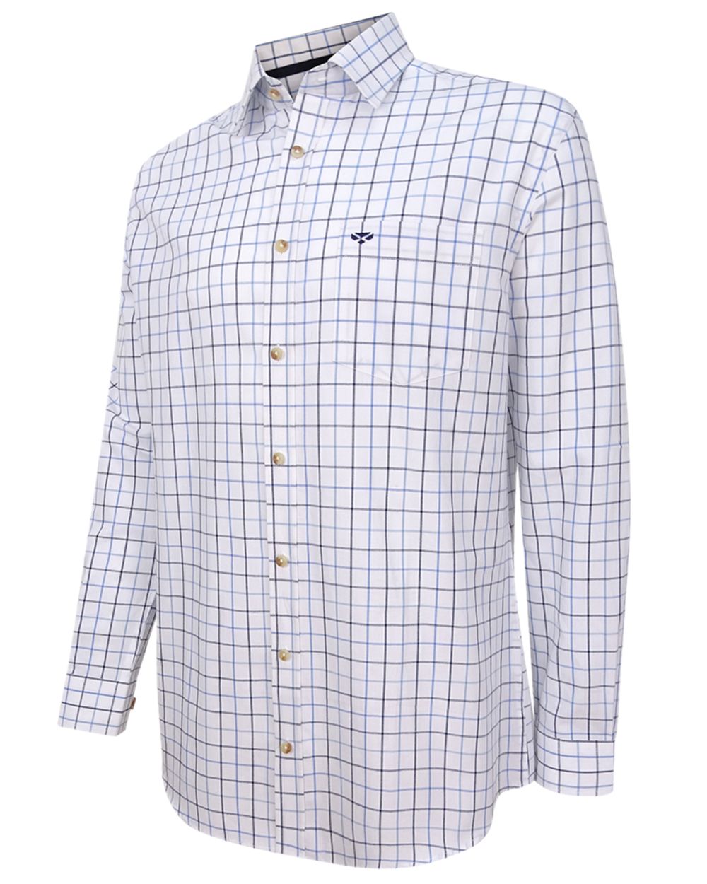 White Navy Check Coloured Hoggs of Fife Viscount Premier Tattersall Shirt on white background