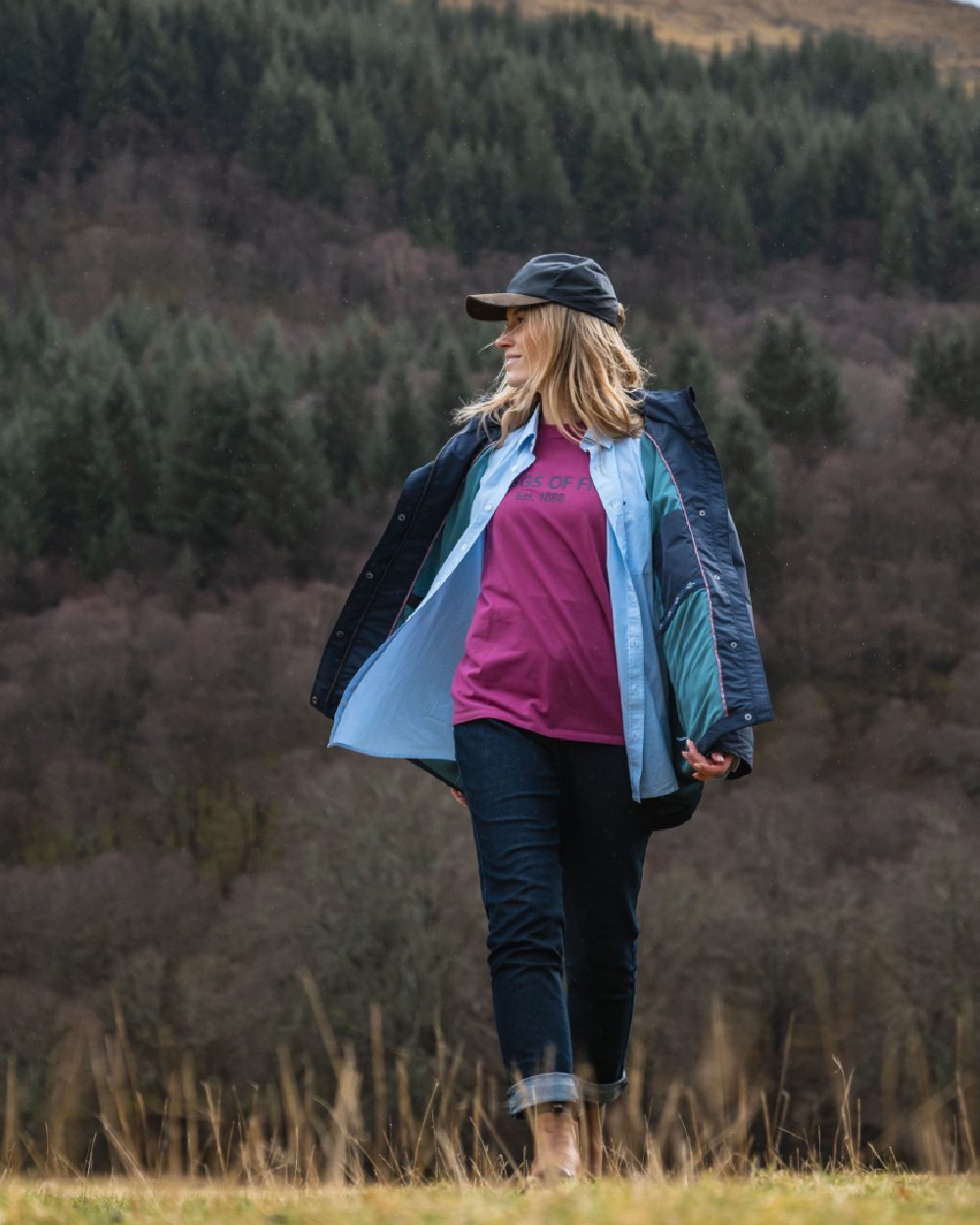 Blue White Coloured Hoggs of Fife Womens Ingliston Stretch Stripe Shirt on mountain background