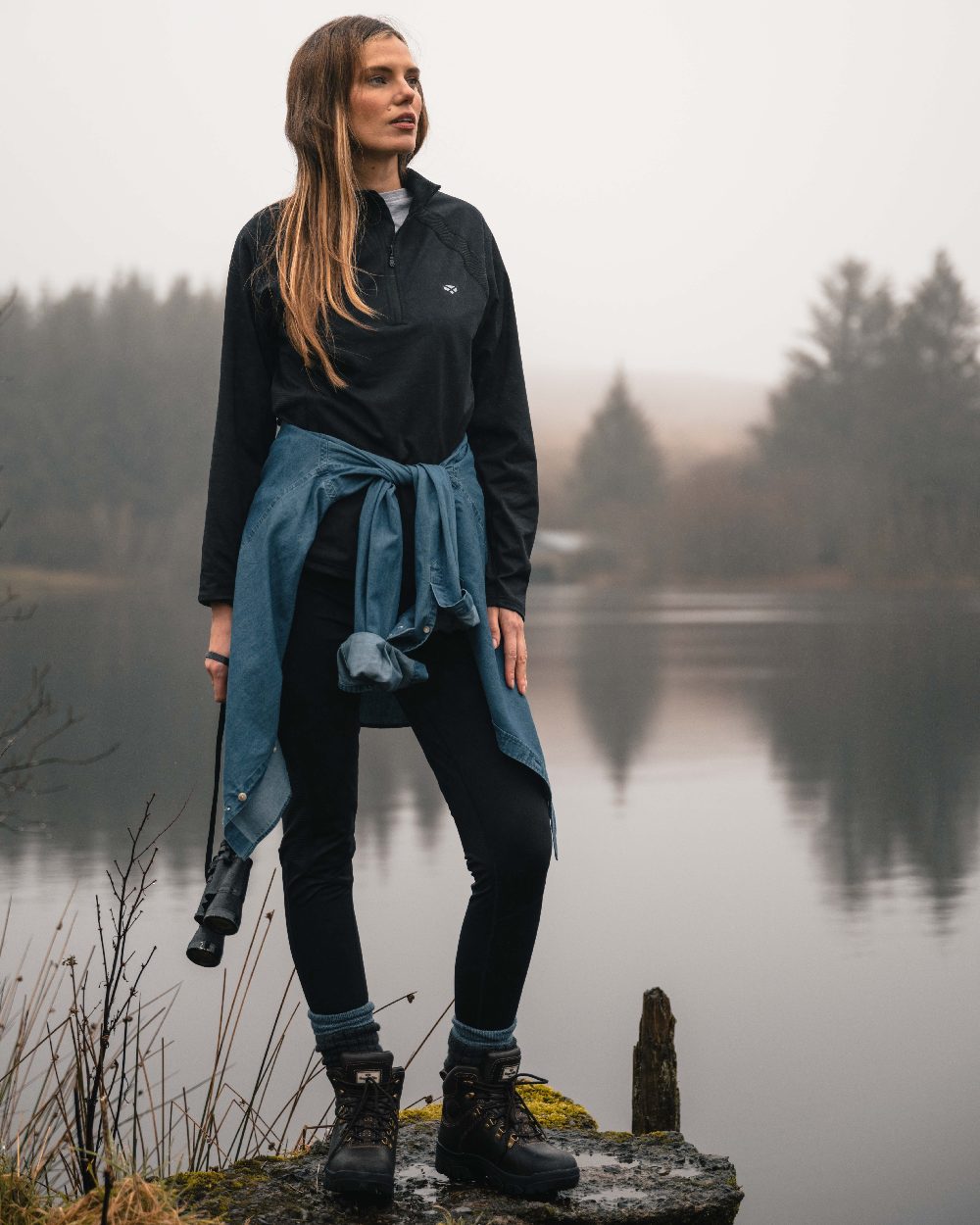 Black Coloured Hoggs of Fife Womens Skye Active Thermal Leggings on lake background