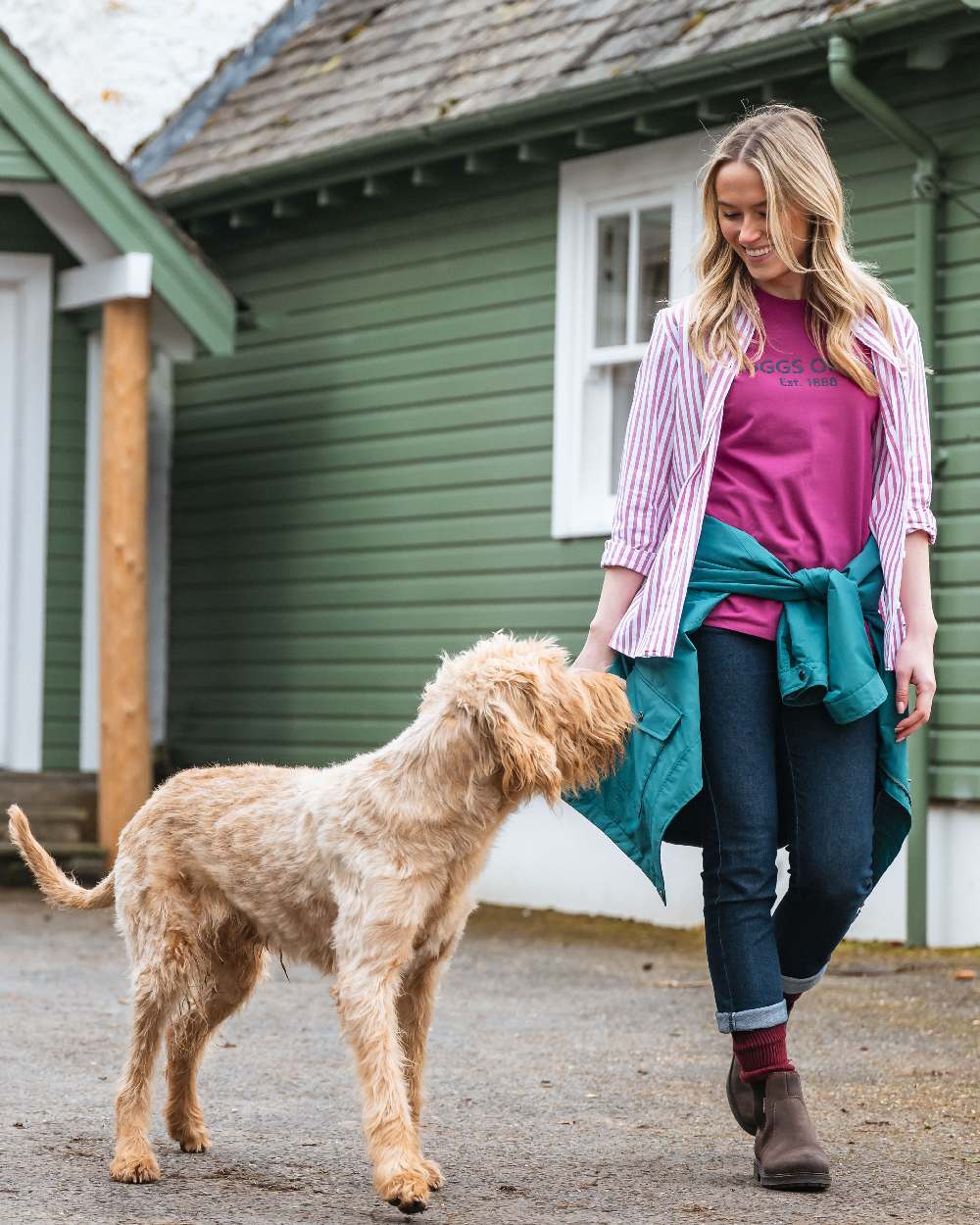 Berry Coloured Hoggs of Fife Womens Sophia Oversized Stripe Shirt on outdoor background