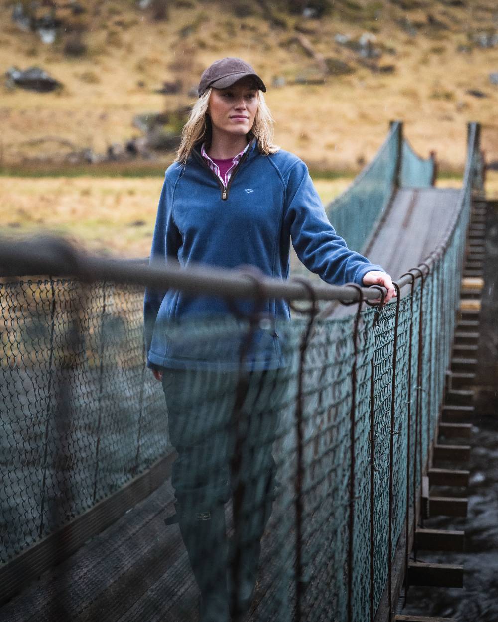 Nordic Blue Coloured Hoggs of Fife Womens Stenton Quarter Zip Fleece on mountain background