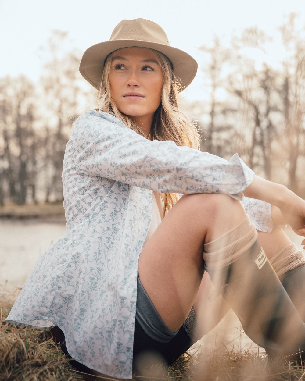Seafoam Coloured Hoggs of Fife Womens Thistle Print Shirt on lake background
