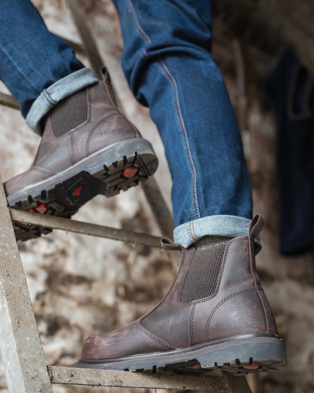 Crazy Horse Brown Coloured Hoggs of Fife Zeus Safety Dealer Boots on building background
