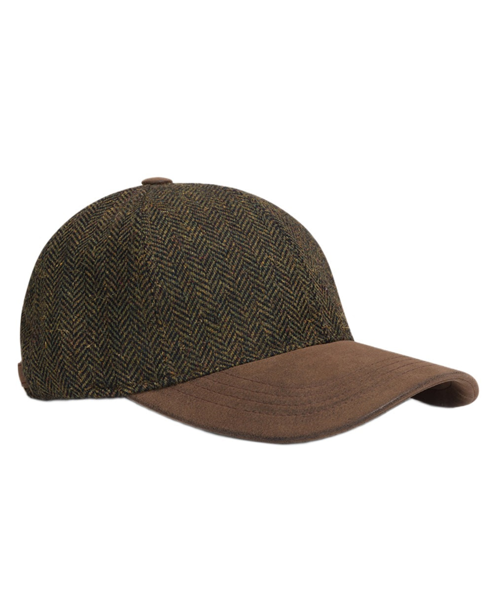 Green coloured Hoggs of Fife Herringbone Tweed Baseball Cap on white background