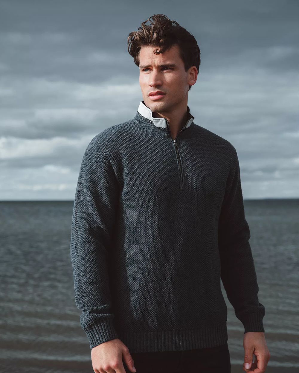 Chambray Coloured Holebrook Mens Classic Knitted Windproof Sweater on sea background