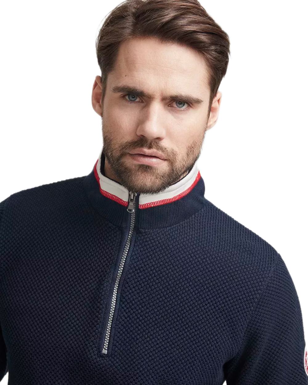 Navy Coloured Holebrook Mens Classic Knitted Windproof Sweater on white background