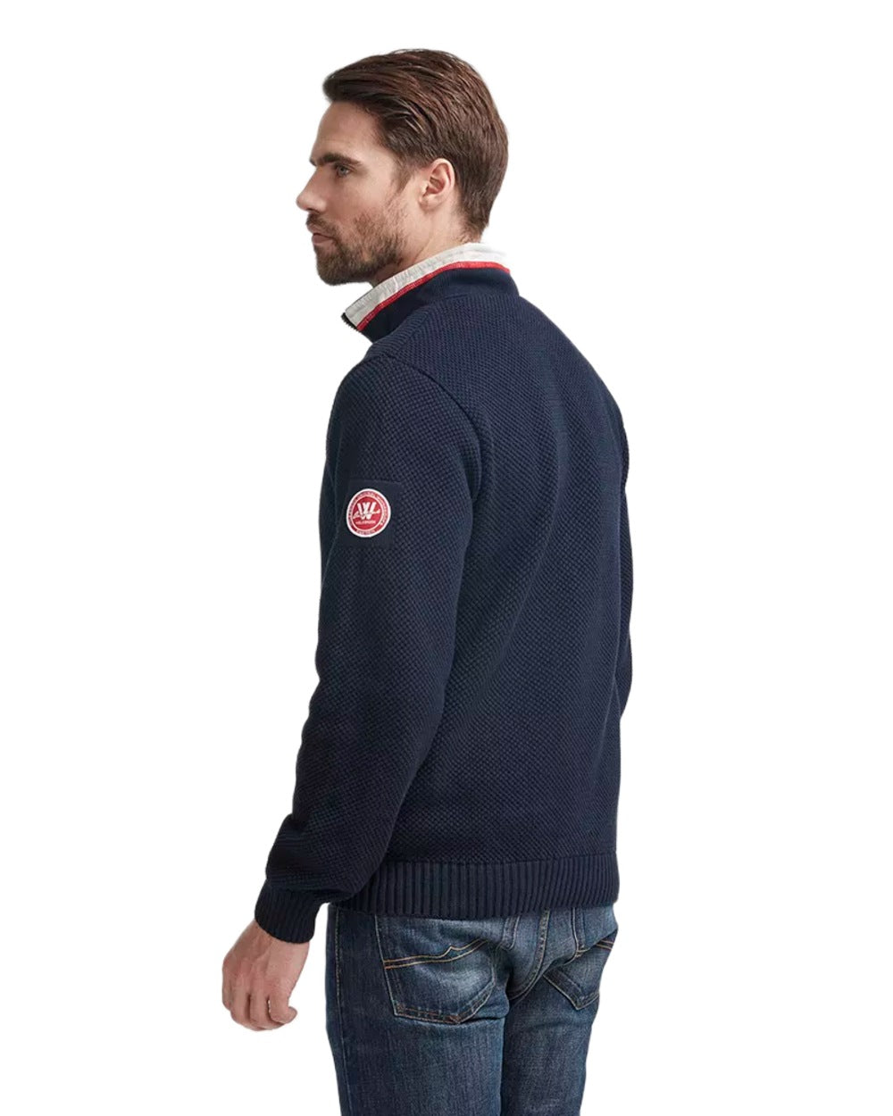 Navy Coloured Holebrook Mens Classic Knitted Windproof Sweater on white background