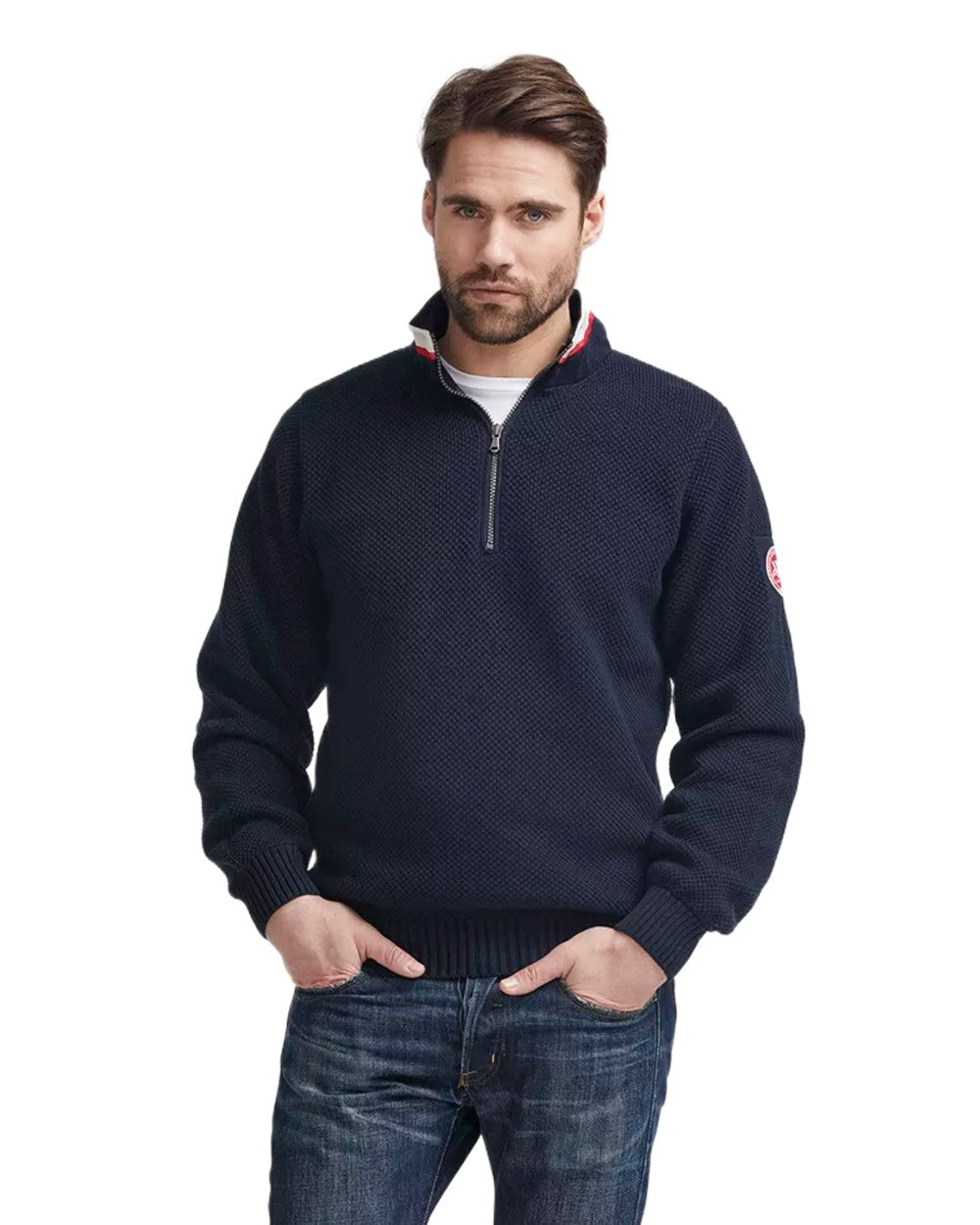 Navy Coloured Holebrook Mens Classic Knitted Windproof Sweater on white background