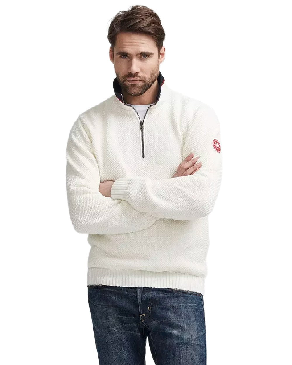 Off White Coloured Holebrook Mens Classic Knitted Windproof Sweater on white background
