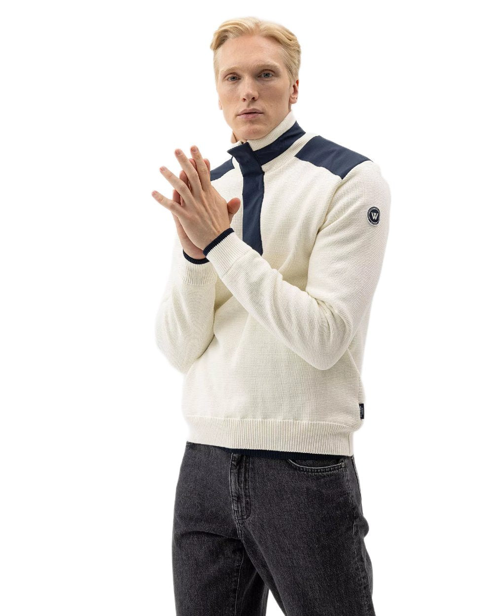 Off White Coloured Holebrook Mens Eskil T-Neck Knitted Windproof Sweater on white background