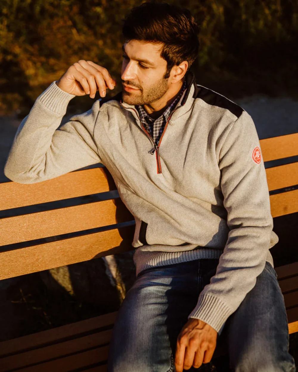 Light Grey Coloured Holebrook Mens Peter Quater Zip Windproof Sweater on park background