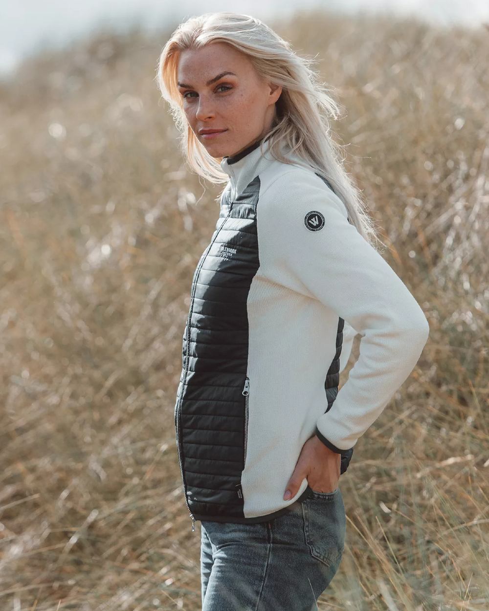 Off White Navy Coloured Holebrook Womens Mimmi Fullzip Knitted Wind-Lined Jacket on outdoor background