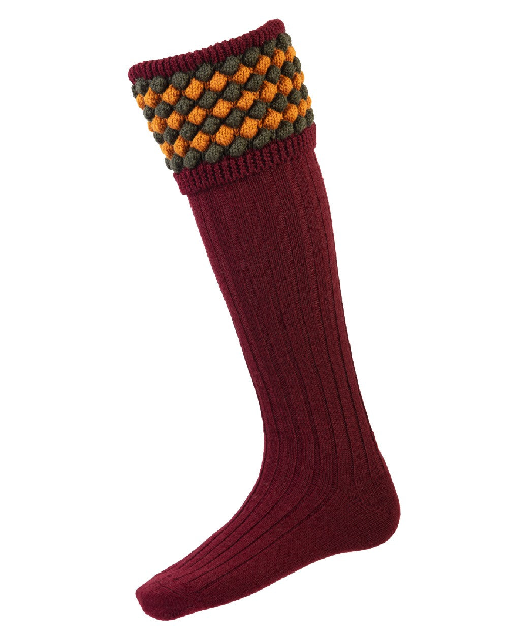 Burgundy coloured House of Cheviot Angus Socks on white background