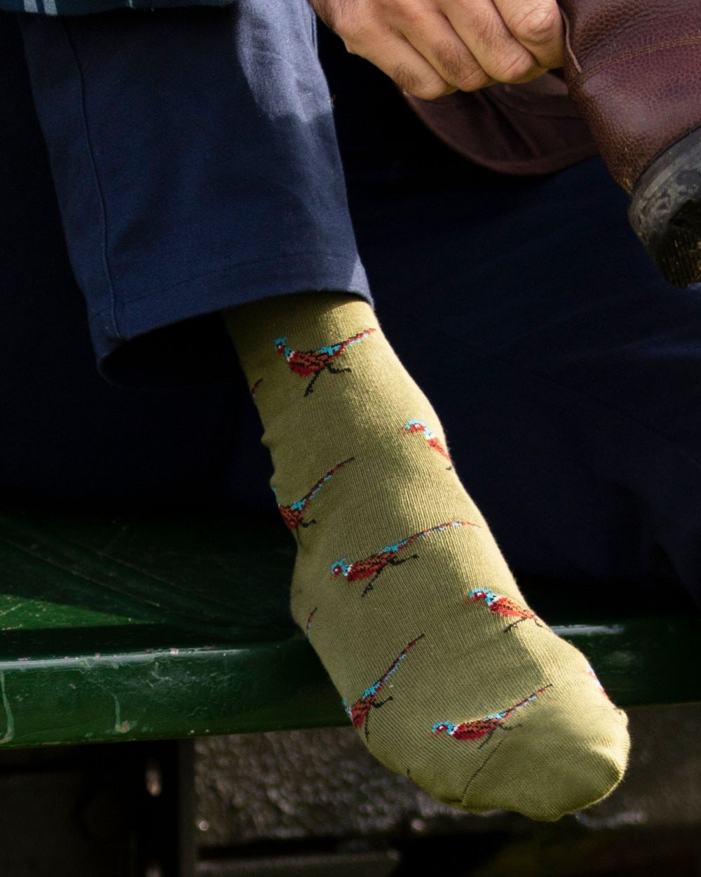 Pheasant coloured House of Cheviot Cotton Socks on car background