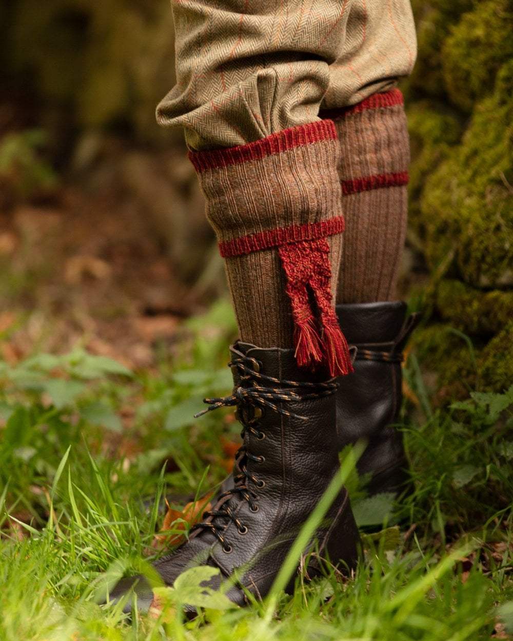 Hazelnut coloured House of Cheviot Kyle Socks on field background