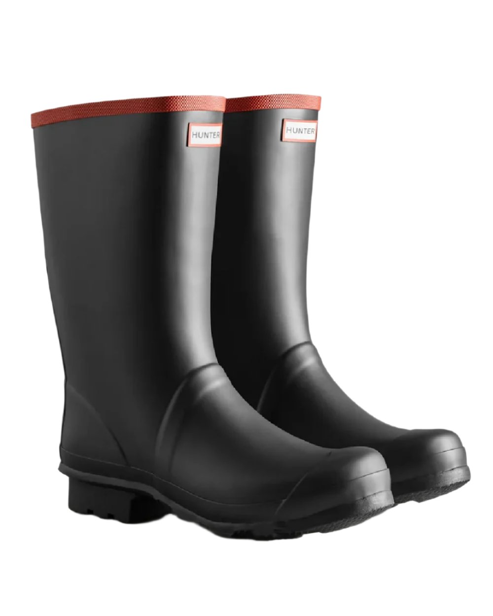 Black coloured Hunter Argyll Short Knee Wellington Boots on white background