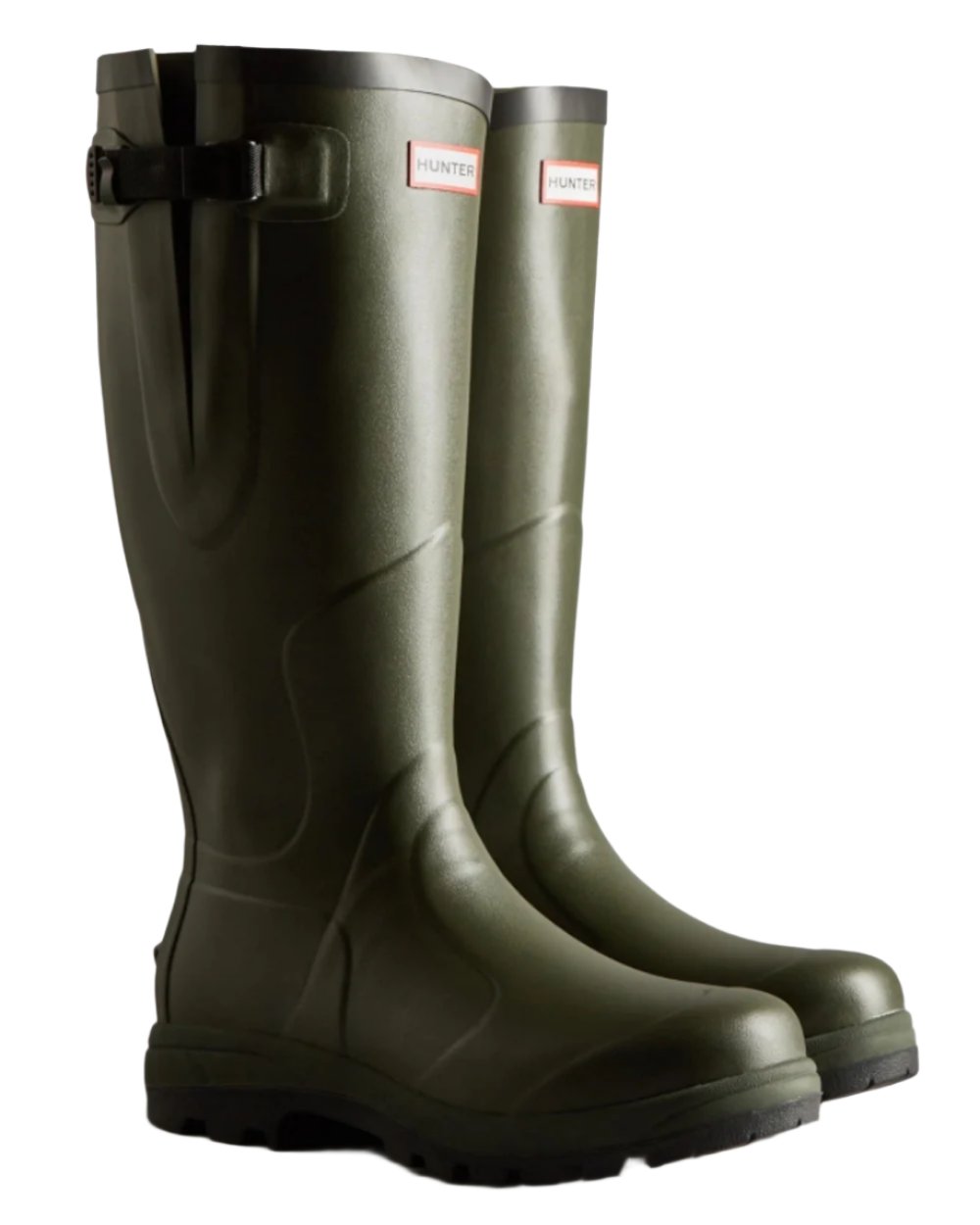 Green coloured Hunter Balmoral Side Adjustable Classic Unisex Wellington Boots on white background