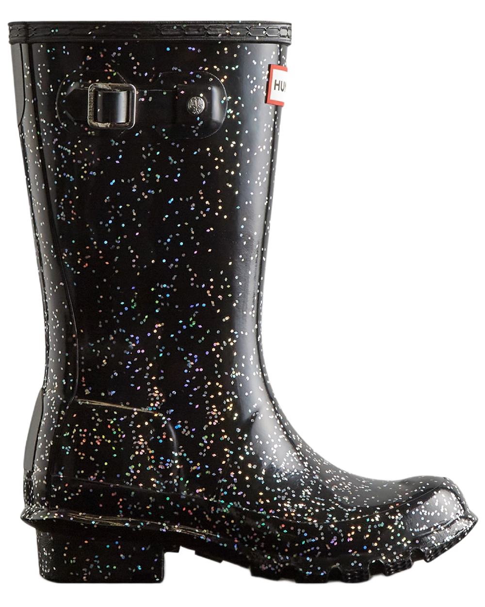 Black Coloured Hunter Big Kids Giant Glitter Wellingtons Boots on white background