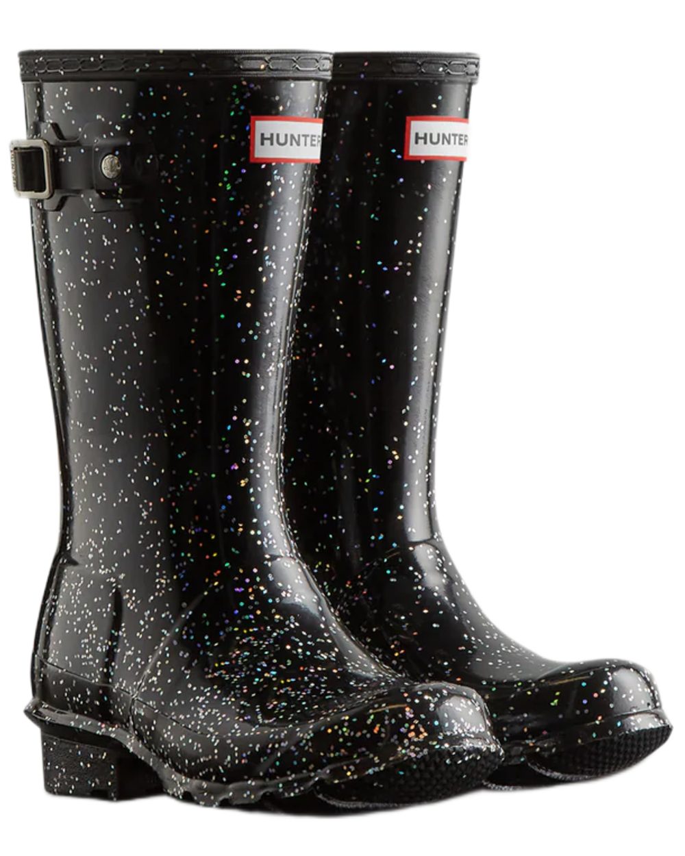 Black Coloured Hunter Big Kids Giant Glitter Wellingtons Boots on white background
