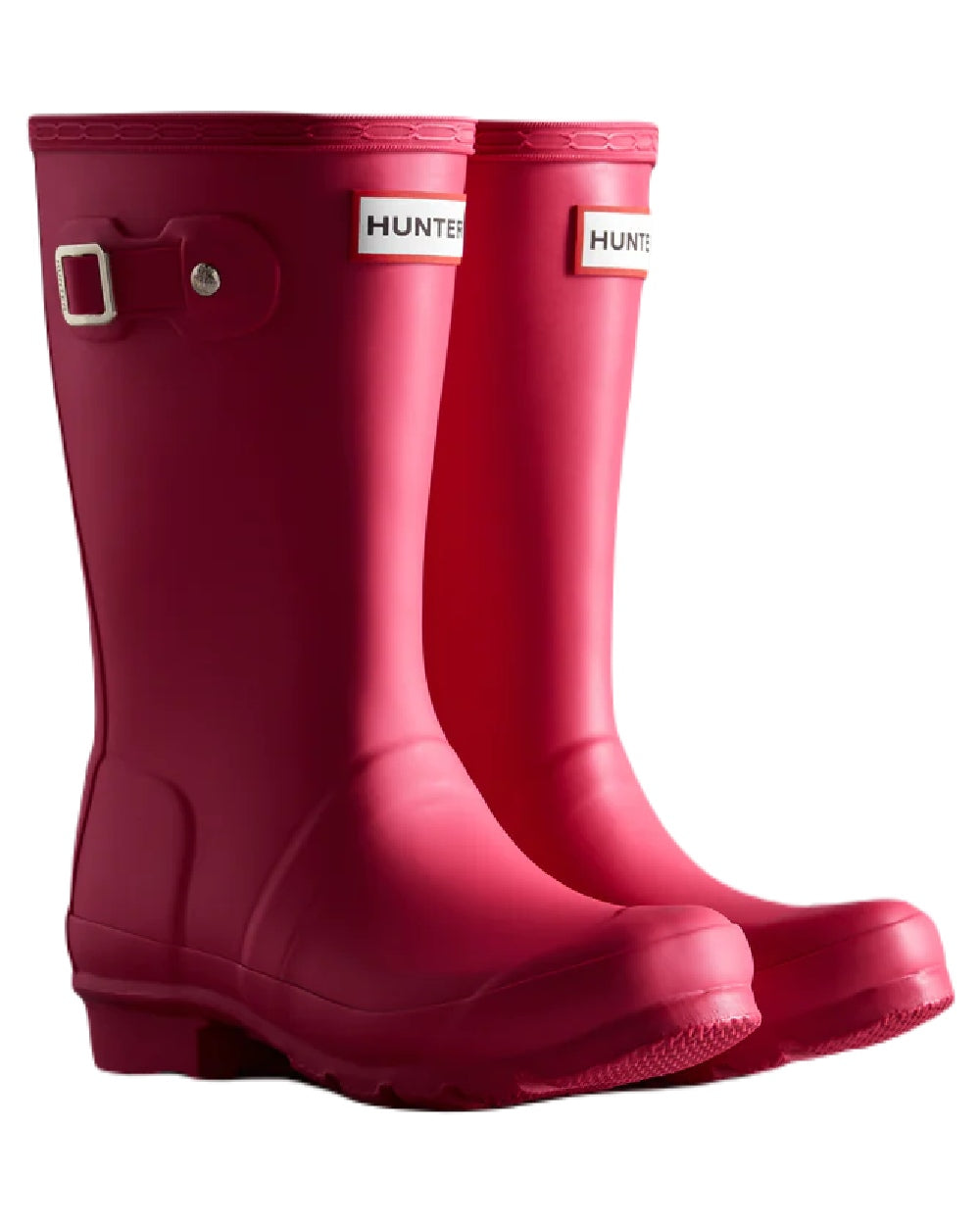 Bright Pink coloured Hunter Big Kids Original Wellington Boots on white background