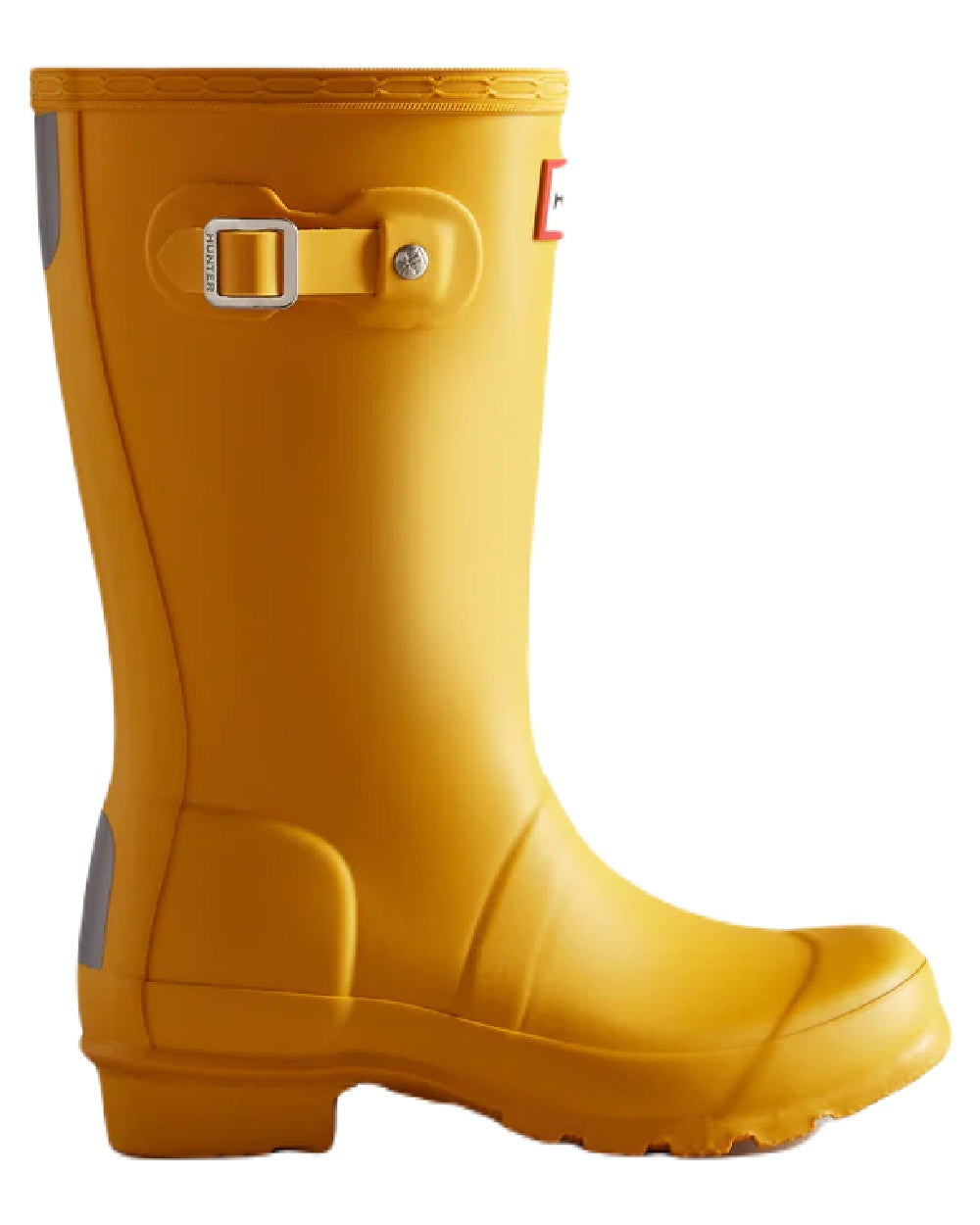 Yellow coloured Hunter Big Kids Original Wellington Boots on white background