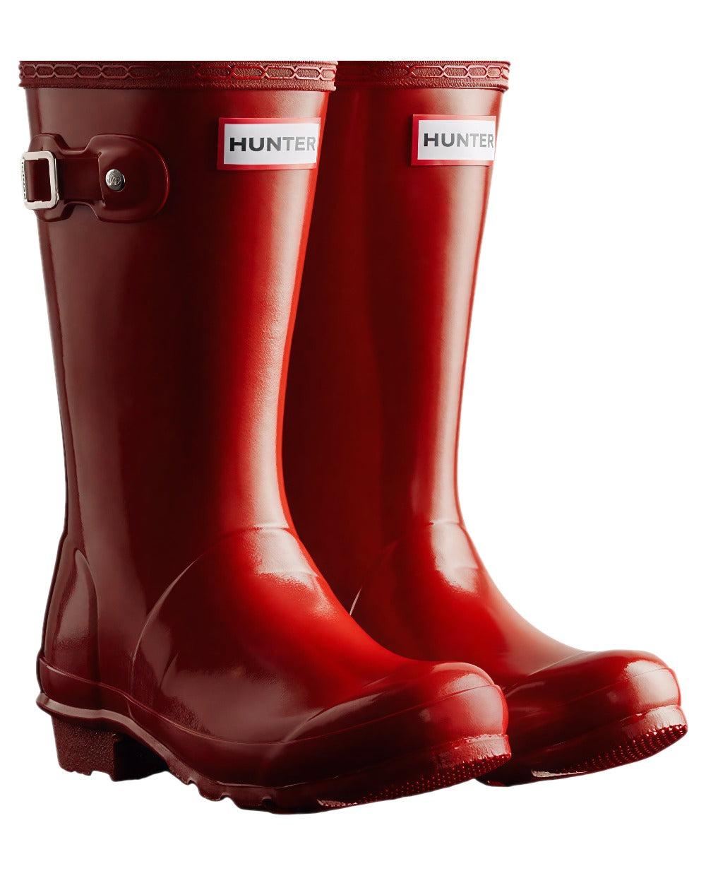 Military Red Coloured Hunter Childrens Original Gloss Wellington Boots on white background