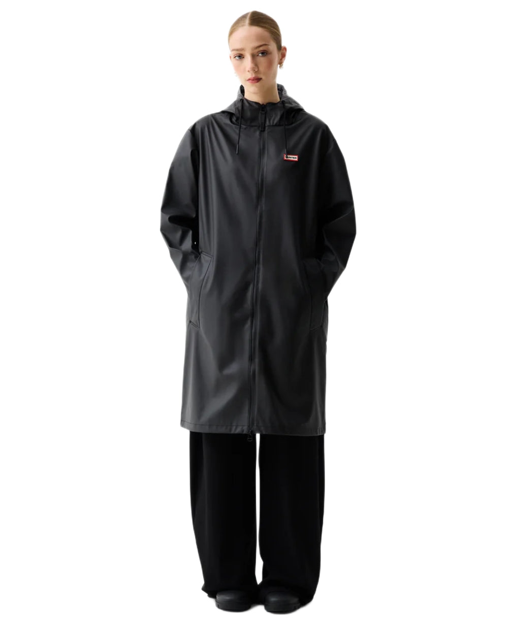 Black coloured Hunter Downpour Andrea PU Rain Coat on white background