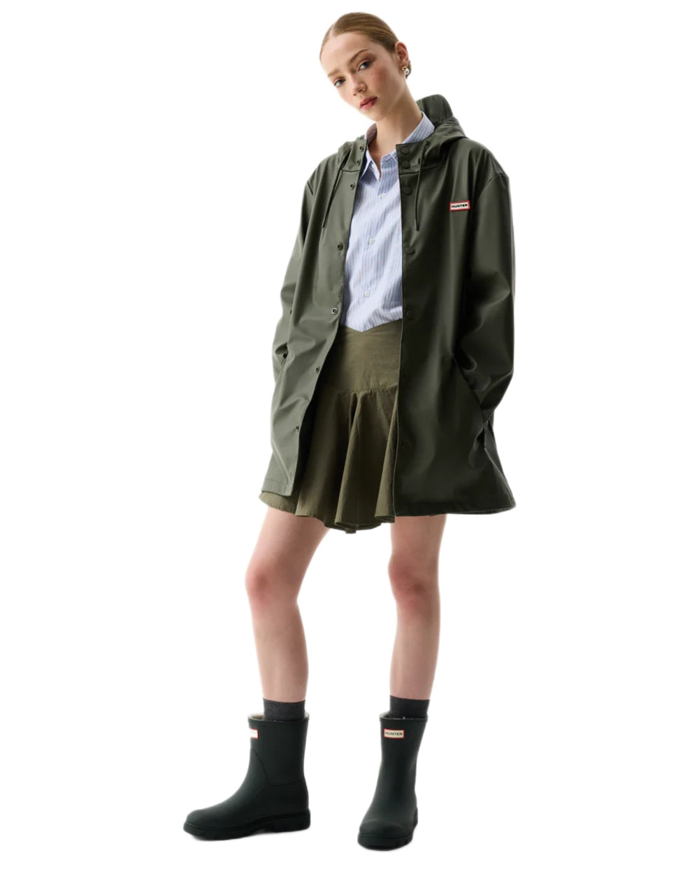 Kambaba Green coloured Hunter Downpour Jo Pu Rain Parka on white background