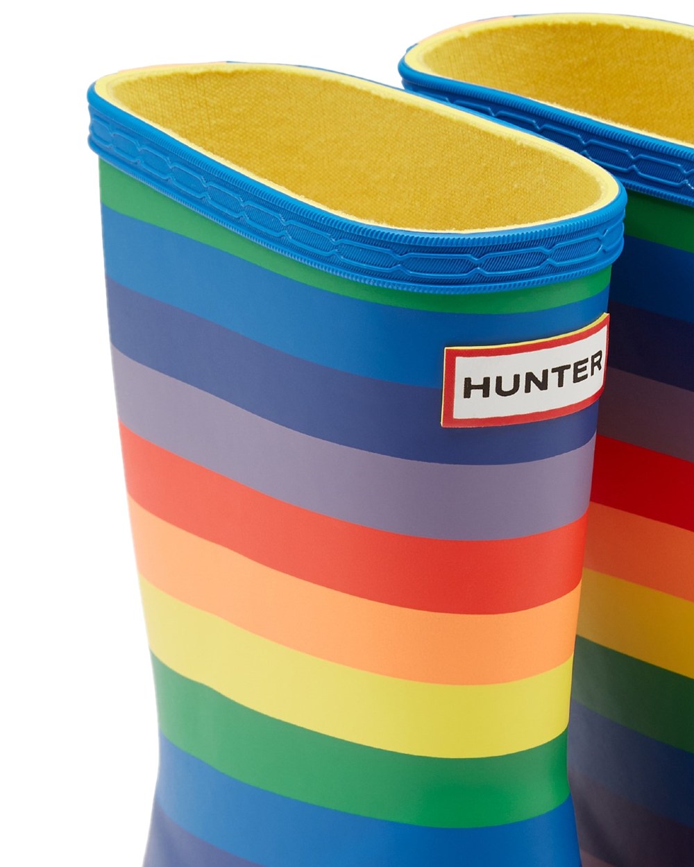 Rainbow Coloured Hunter Kids First Classic Rainbow Print Wellingtons on white background