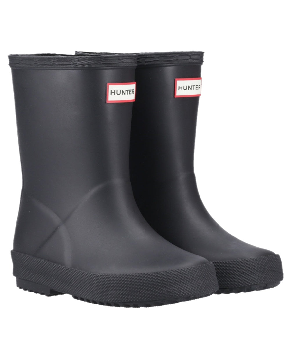 Black Coloured Hunter Kids First Classic Wellingtons on white background
