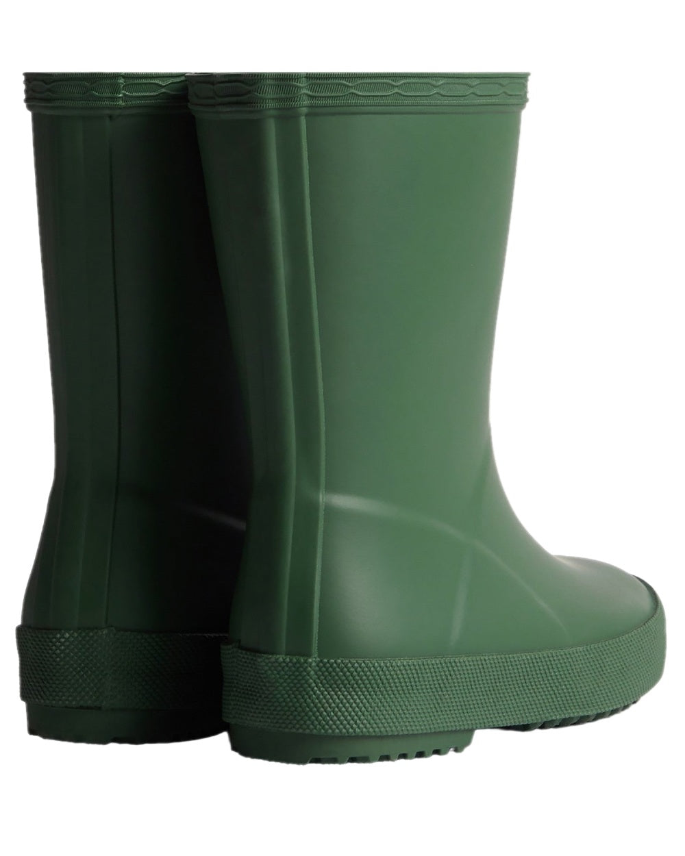 Green Coloured Hunter Kids First Classic Wellingtons on white background