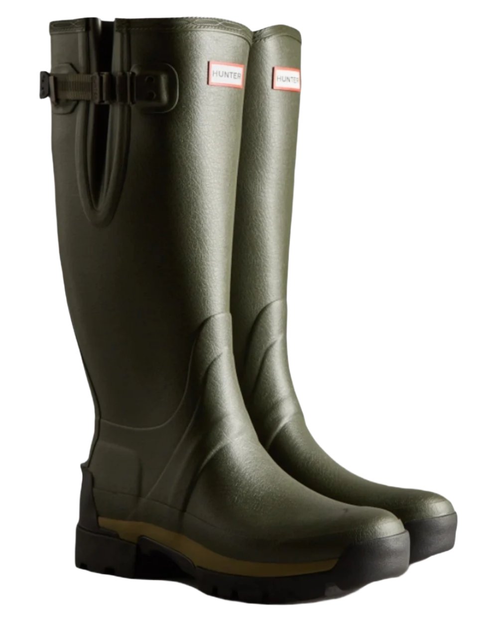 Dark Olive coloured Hunter Mens Balmoral Neoprene Adjustable Wellington Boots on white background
