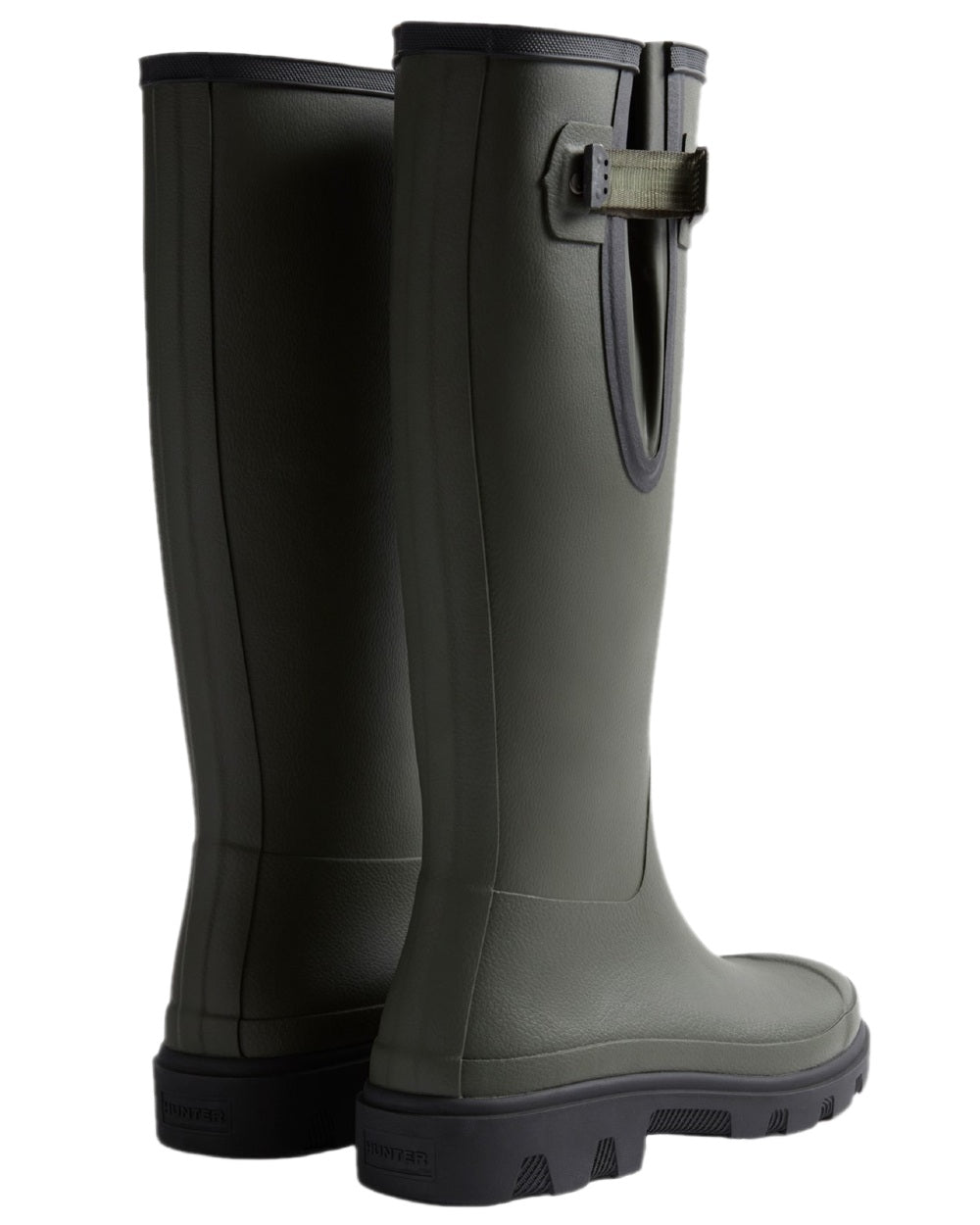 Dark Olive Black Coloured Hunter Mens Downpour Adjustable Tall Boots on white background