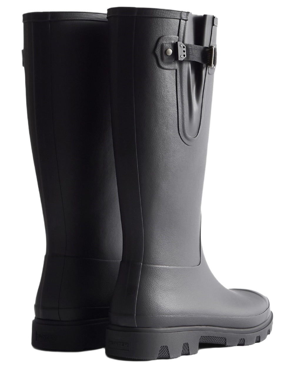 Black coloured Hunter Mens Field Downpour Adjustable Wellingtons on white background