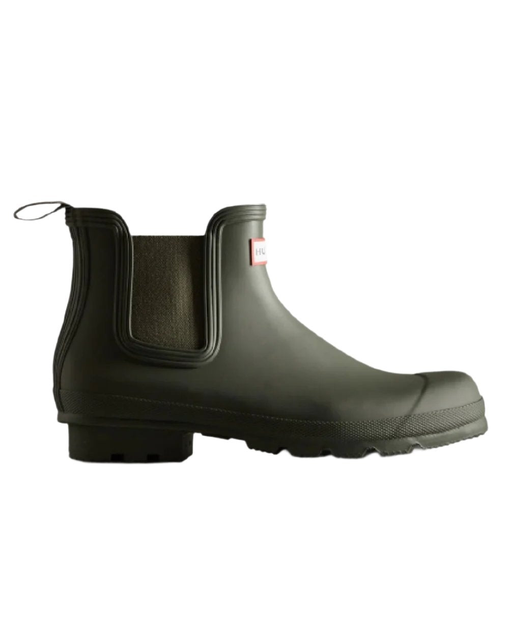 Dark Olive coloured Hunter Mens Original Chelsea Boots on white background