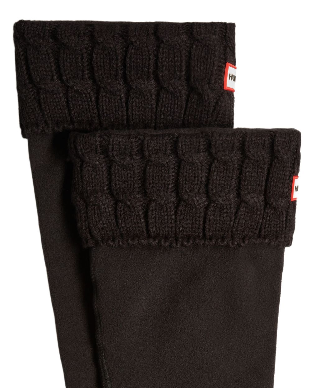 Black coloured Hunter Recycled 6 Stitch Cable Cuff Tall Boot Socks on white background