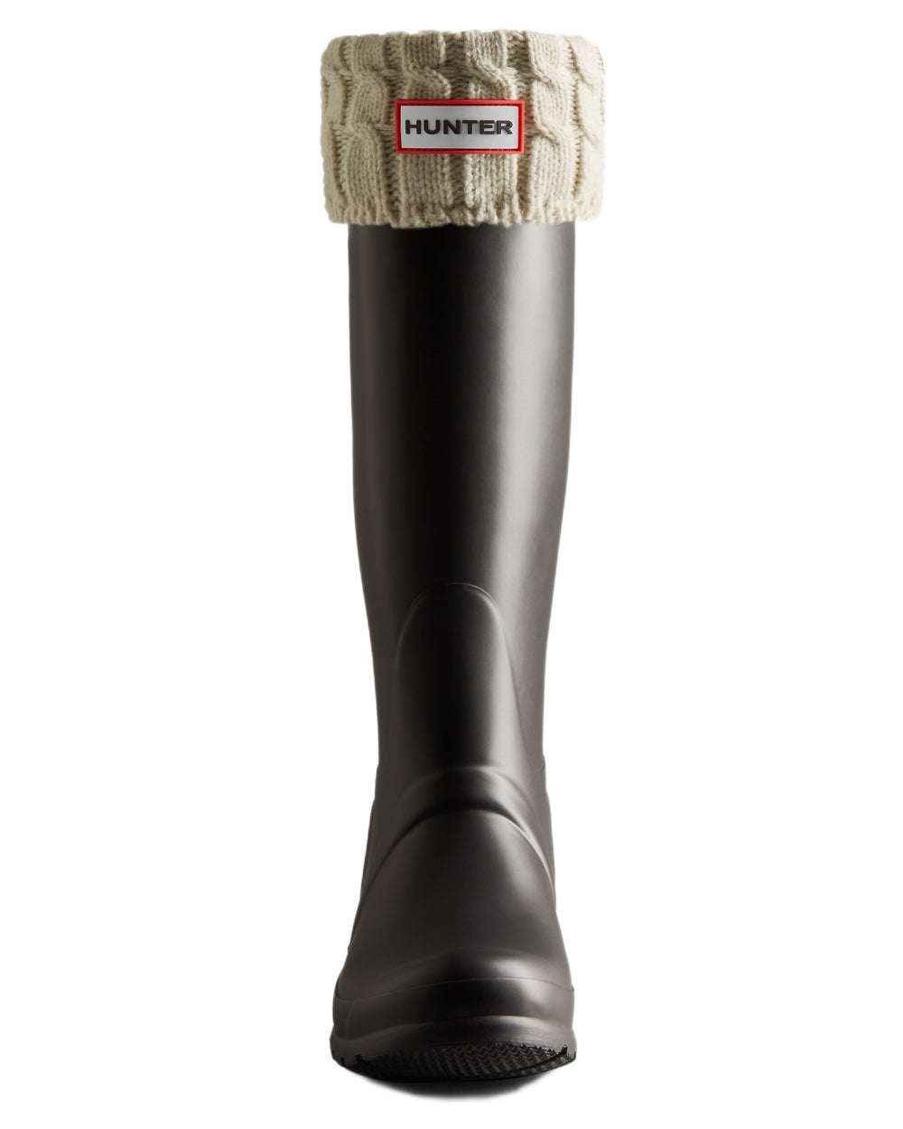 White coloured Hunter Recycled 6 Stitch Cable Cuff Tall Boot Socks on white background