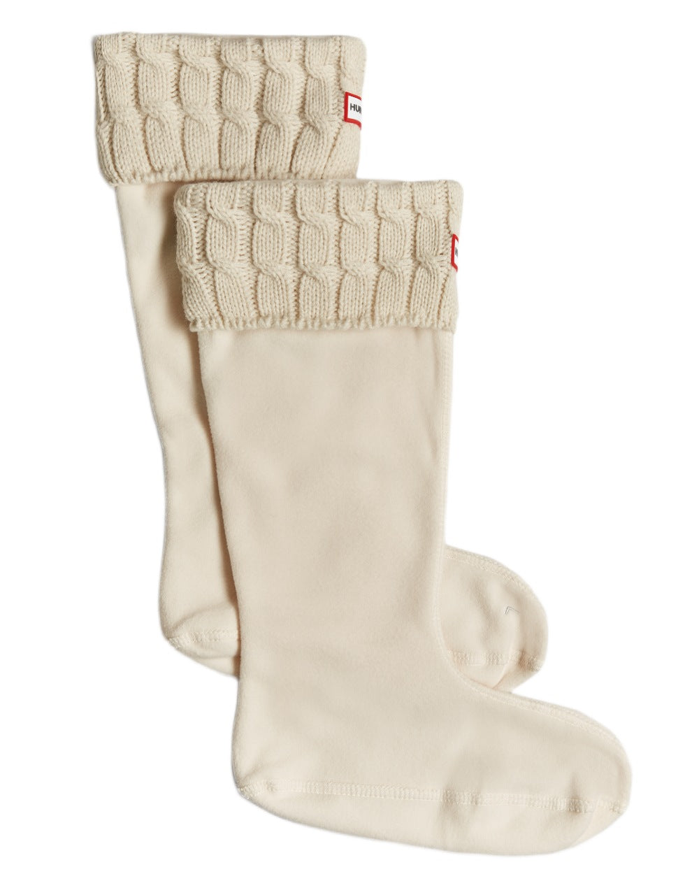 White coloured Hunter Recycled 6 Stitch Cable Cuff Tall Boot Socks on white background
