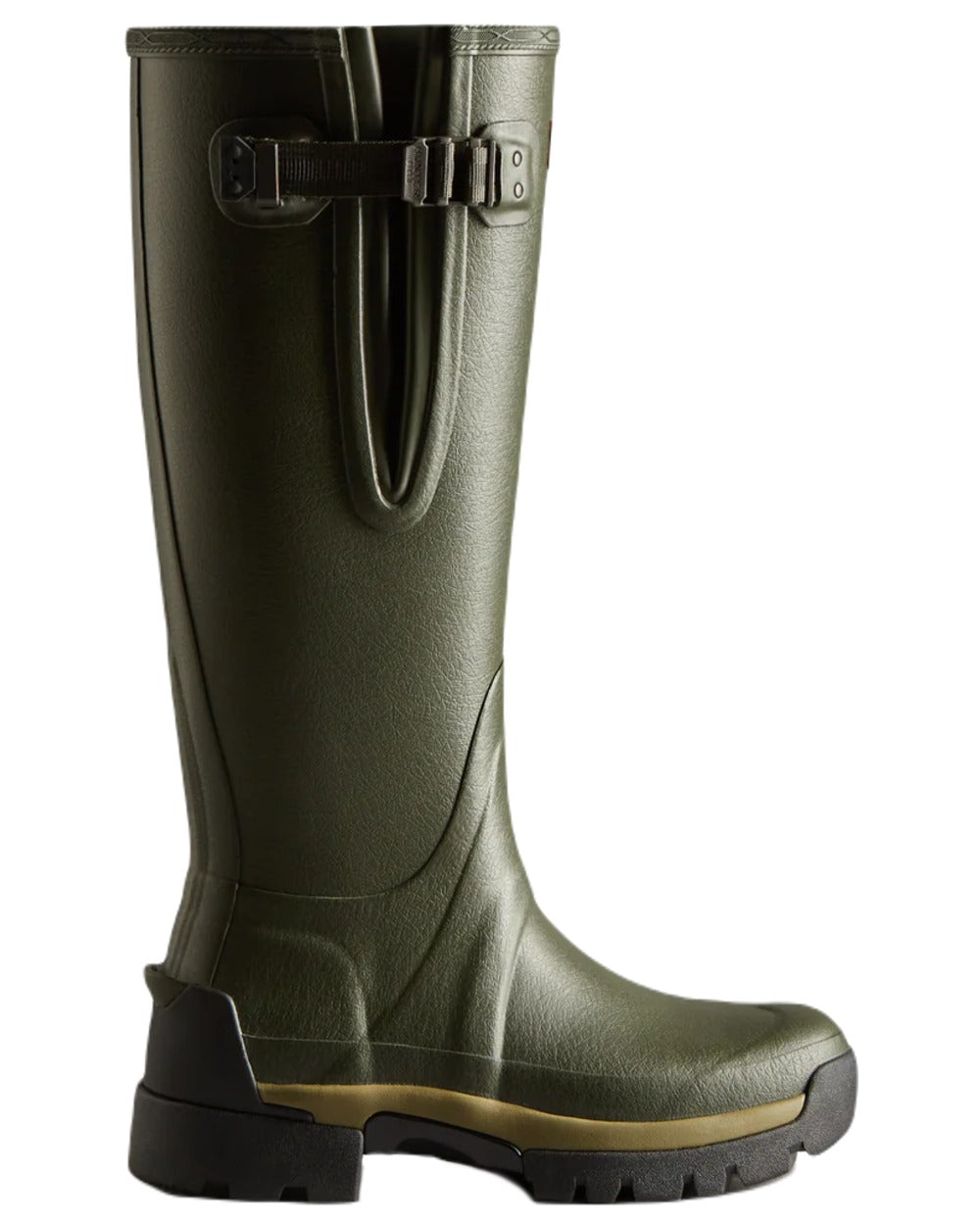 Dark Olive coloured Hunter Womens Balmoral Neoprene Adjustable Wellingtons on white background