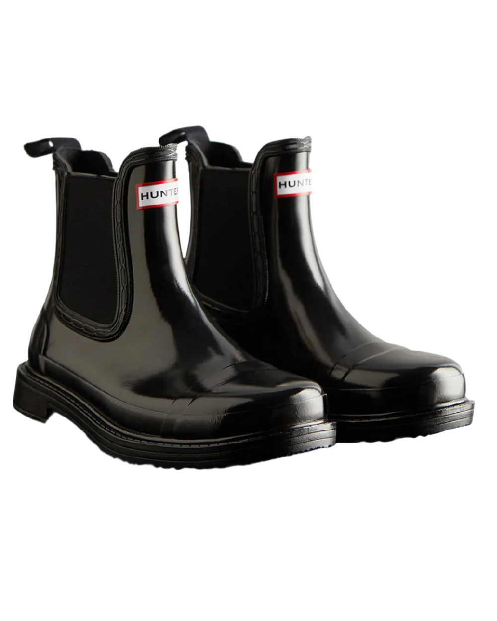 Black coloured Hunter Womens Commando Gloss Chelsea Boots on white background