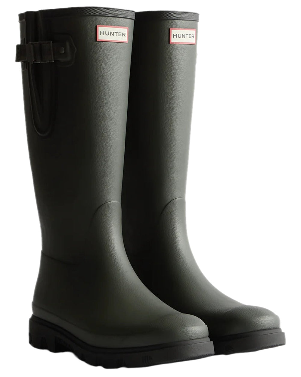 Dark Olive Black Coloured Hunter Womens Downpour Adjustable Field Boots on white background