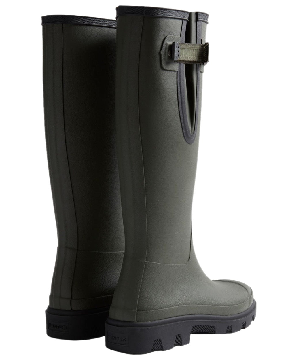 Dark Olive Black Coloured Hunter Womens Downpour Adjustable Tall Boots on white background