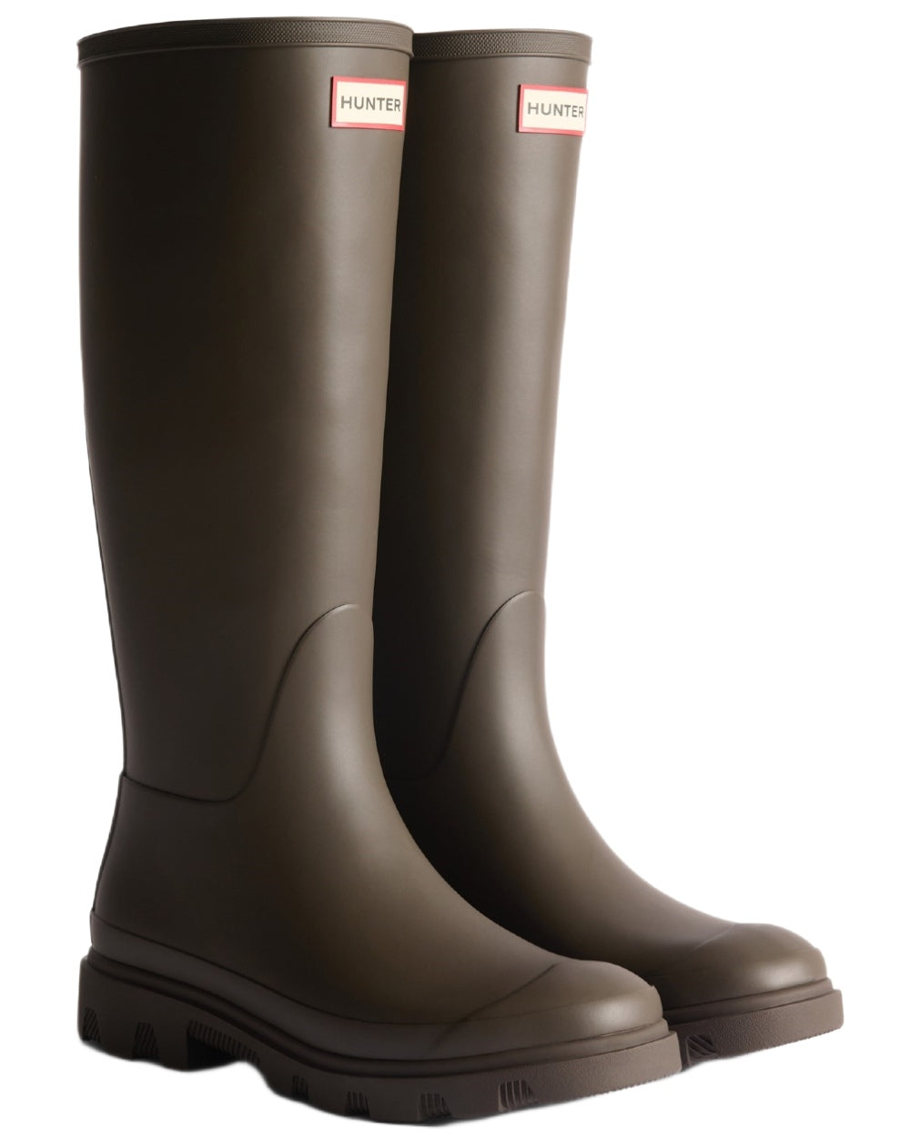 Chocolate Brown coloured Hunter Womens Downpour Tall Wellingtons on white background