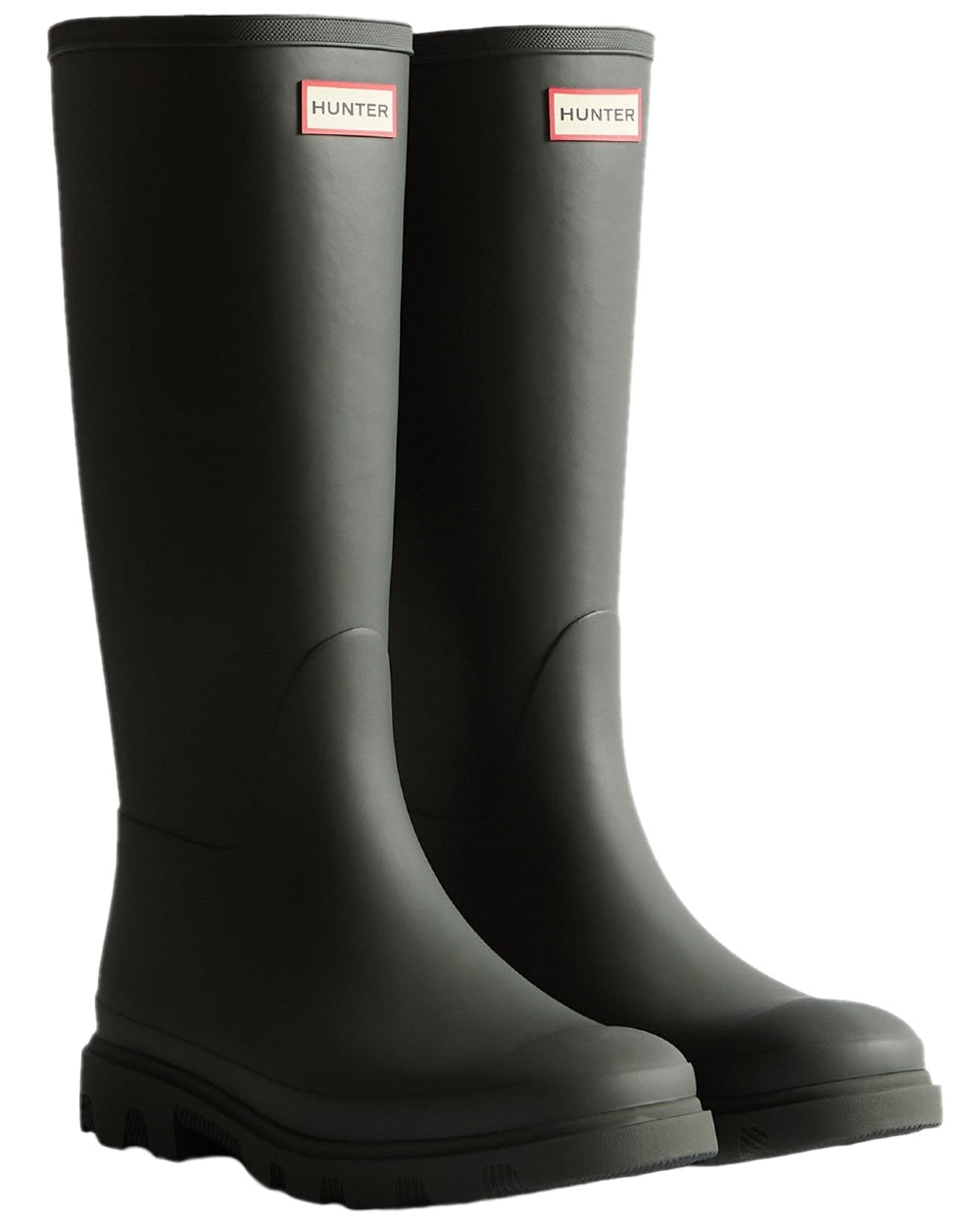 Dark Olive Coloured Hunter Womens Downpour Tall Wellingtons on white background