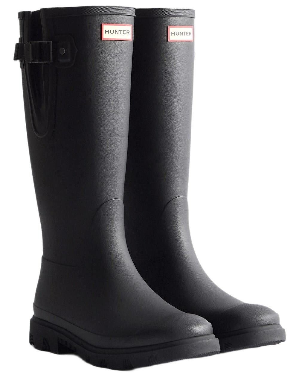 Black coloured Hunter Womens Field Downpour Adjustable Wellingtons on white background