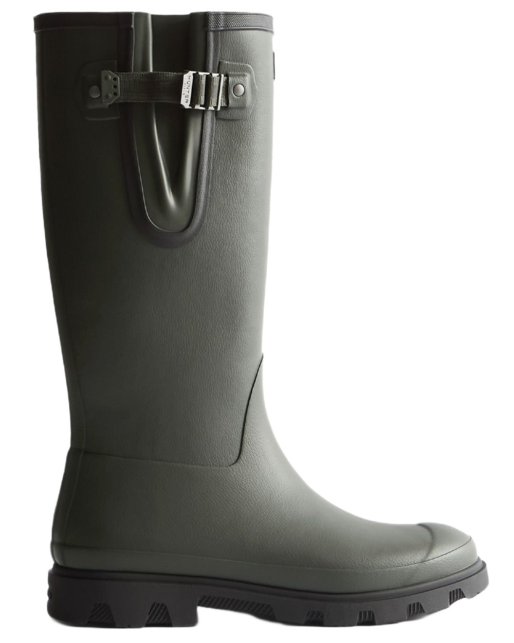 Dark Olive Black coloured Hunter Womens Field Downpour Adjustable Wellingtons on white background