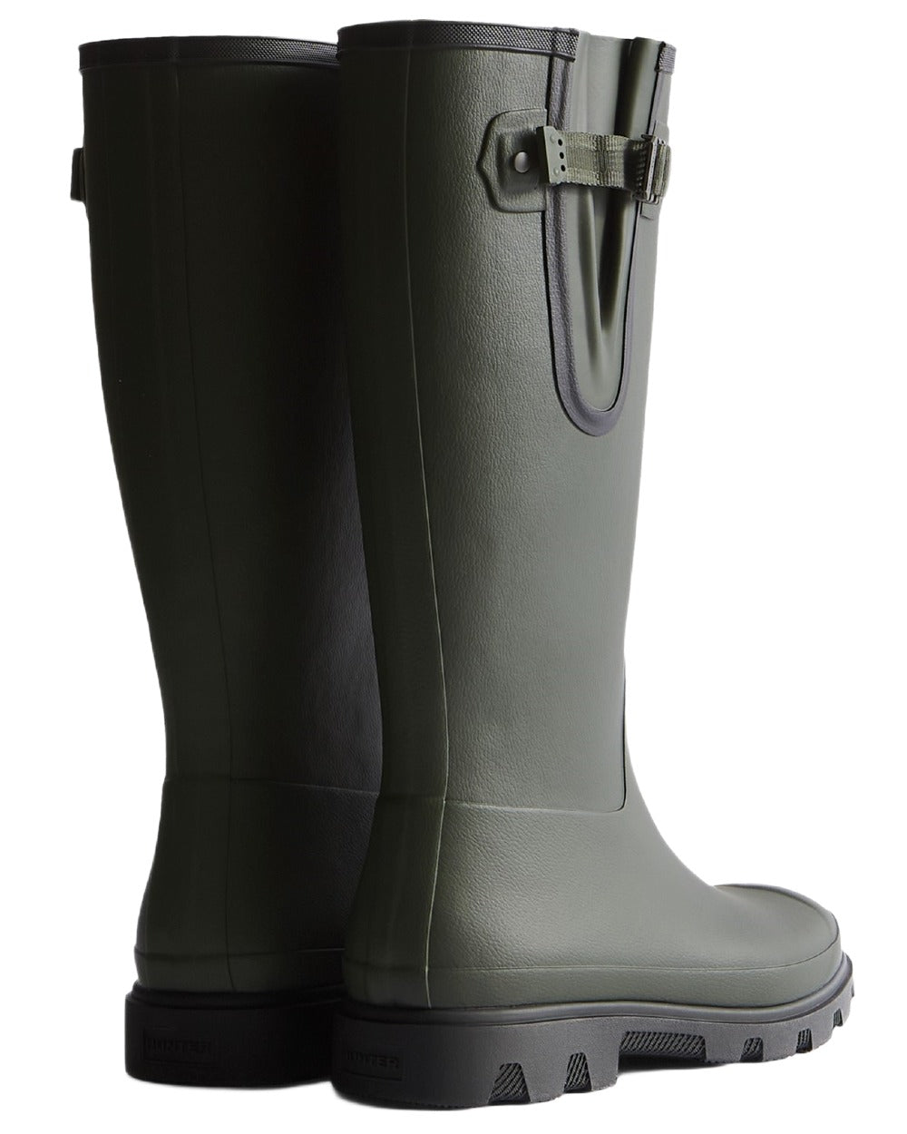 Dark Olive Black coloured Hunter Womens Field Downpour Adjustable Wellingtons on white background