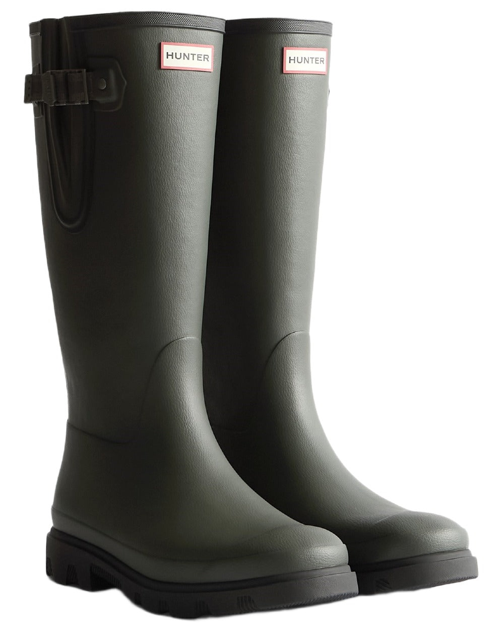Dark Olive Black coloured Hunter Womens Field Downpour Adjustable Wellingtons on white background