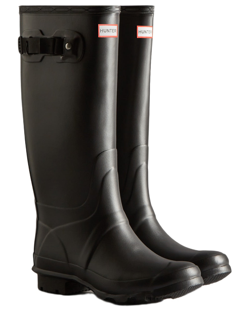 Black coloured Hunter Womens Huntress Wide Wellingtons on white background